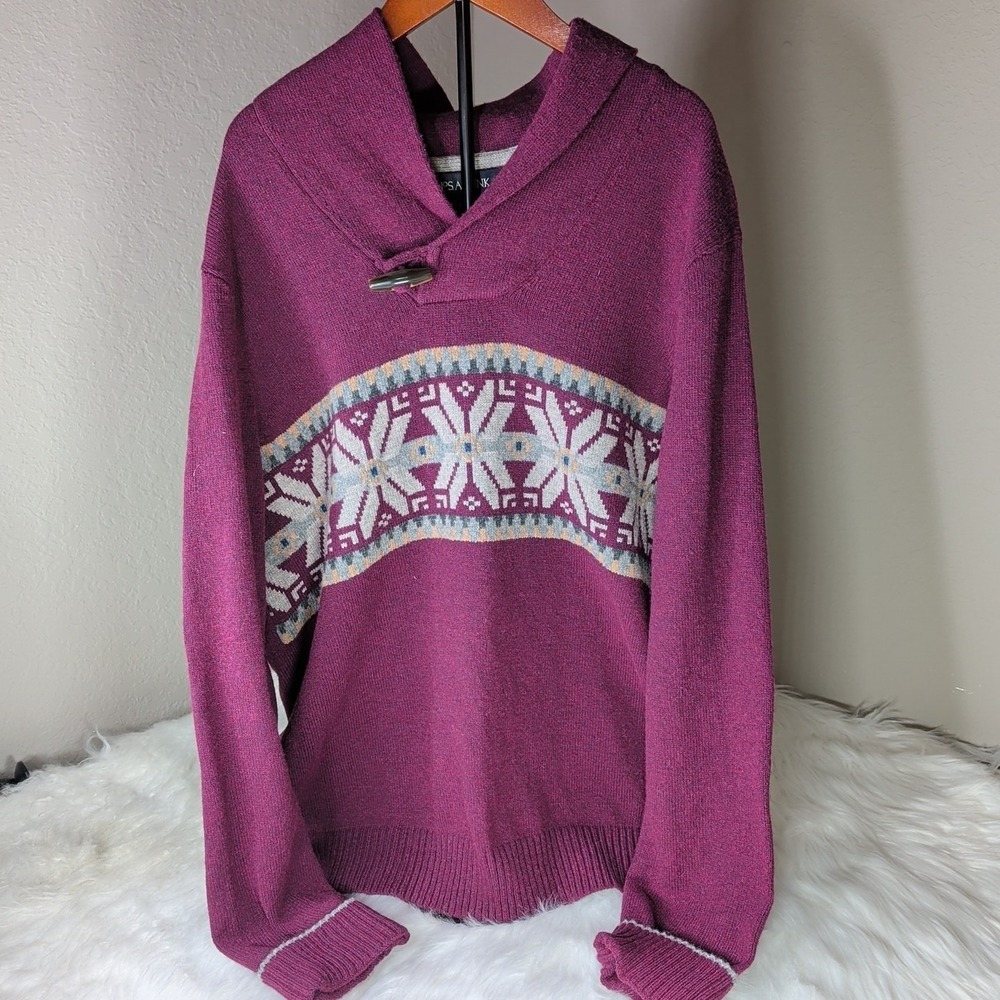 Jos. A. Bank Sweater Men Large Burgundy Fair Isle Wool Blend Toggle Shawl Collar